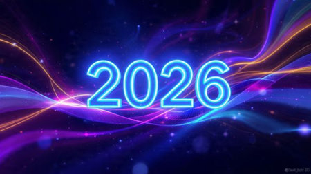 Elegant 2026 premium canvas with silver sparkle trails and soft cool glow.