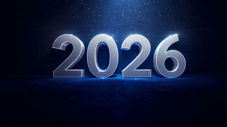 Premium 2026 greeting design with diamond frost particles and calm winter glow.