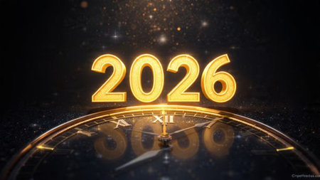 New Year 2026 luxury design with floating glassy numbers, soft crystal glow, minimalist celebration...