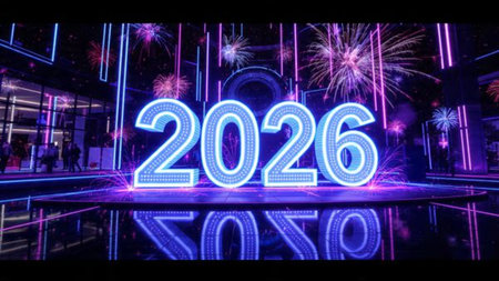 Luxury 2026 winter canvas with crystal-dust particles and clean festive space.
