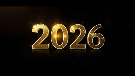 High-class 2026 New Year scene with icy sparkle particles and clean white background balance.