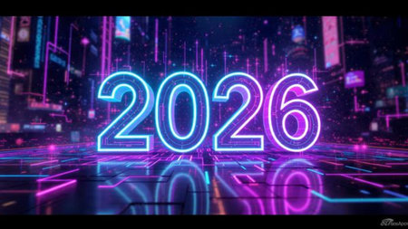 Premium 2026 greeting design with pearl frost spark field and clean white balance.