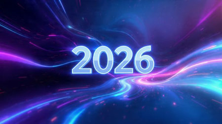 Elegant 2026 premium canvas with silver sparkle trails and soft cool glow.