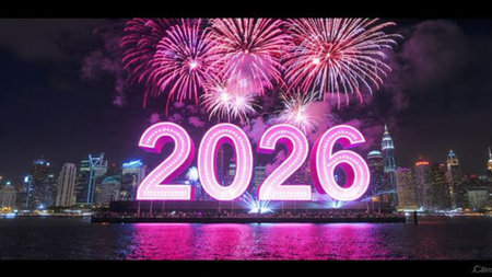 Elegant 2026 premium canvas with silver sparkle trails and soft cool glow.