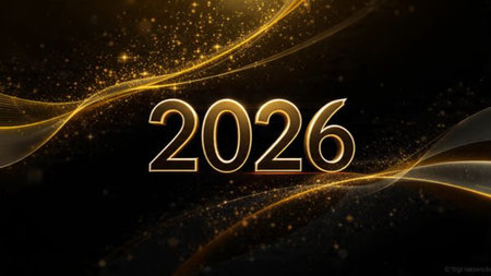 Luxury 2026 winter canvas with crystal-dust particles and clean festive space.