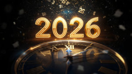 2026 premium celebration backdrop with soft glowing frost arcs and minimal noise.