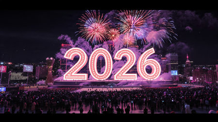 Premium 2026 holiday background with cool silver haze and clean festive layout.