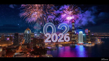 Premium 2026 winter celebration with pearl frost glow and clean copy space.