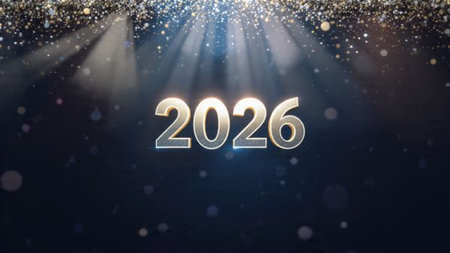 Luxury 2026 winter canvas with crystal-dust particles and clean festive space.