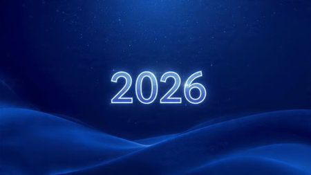 Luxury New Year 2026 backdrop with glossy ice-blue gradients and soft floating spark particles,...