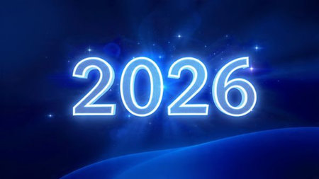 Minimal luxury 2026 New Year composition with gentle glow arc, silver sparkle gradient, clean copy...