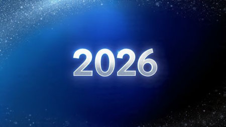 Luxury 2026 greeting design with soft ice-blue shimmer mist and silver glow accents.