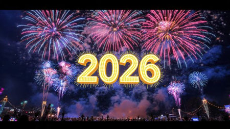 Luxury 2026 New Year scene with smooth glassy number reflections and refined white balance.