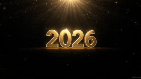 2026 luxury celebration backdrop with glassy reflections and subtle cool glow, modern festive...