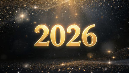 Winter luxury New Year 2026 scene with soft snowfall blur, silver gleam lighting, high-resolution...