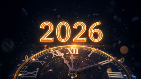 Premium 2026 celebration backdrop with diamond frost particles and crisp layout.
