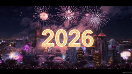 Refined 2026 New Year design with frosted glow bloom and minimal sparkle noise.