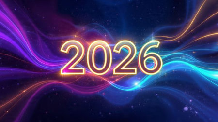 Luxury 2026 winter canvas with crystal-dust particles and clean festive space.