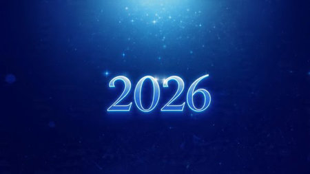 Luxury 2026 New Year greeting background with frozen bokeh glow, minimal festive accents.