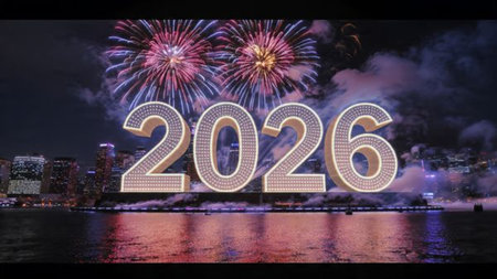 Premium New Year 2026 background with smooth glassy reflections and calm cool lighting.