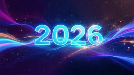 Elegant 2026 background with soft frozen shimmer waves and premium design balance.
