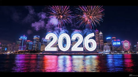 Elegant 2026 background with silver glow edges and minimal sparkle diffusion.