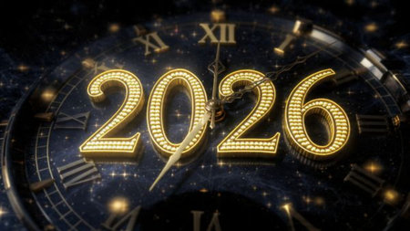 Premium 2026 luxury greeting with icy shimmer corners and soft festive glow.