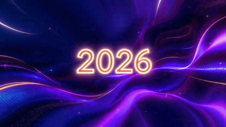 Premium 2026 luxury greeting with icy shimmer corners and soft festive glow.