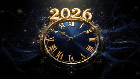Luxury 2026 greeting design with soft ice shimmer mist and silver glow accents.