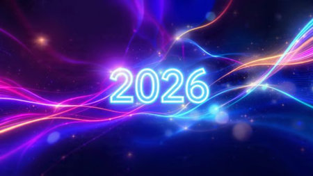Elegant 2026 celebration backdrop with pearl frost spark corners and clean space.