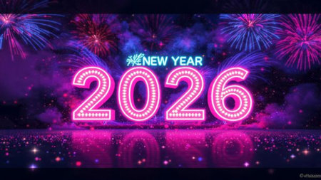 Elegant 2026 New Year greeting with ice-blue bokeh, smooth light spread, premium holiday aesthetic.