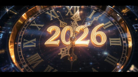 Premium New Year 2026 design with soft cool glimmer and silver sparkle field balance.