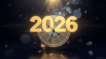 Luxury 2026 winter canvas with crystal-dust particles and clean festive space.
