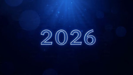 Luxury 2026 New Year visual with silky cool gradients and refined sparkle noise.
