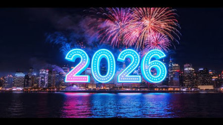Luxury 2026 winter canvas with crystal-dust particles and clean festive space.