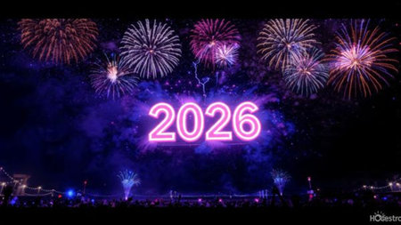Elegant New Year 2026 scene with crystal glass numbers and subtle silver shimmer on a clean luxury...