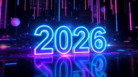 Luxury 2026 greeting canvas with crisp cool frost shine and refined copy space.