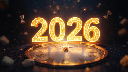 Minimal luxury 2026 New Year composition with gentle glow arc, silver sparkle gradient, clean copy...