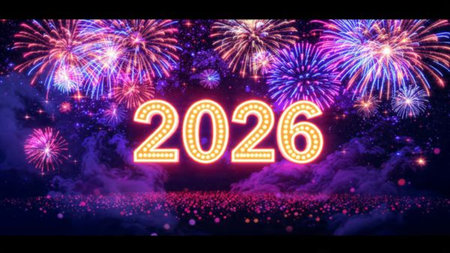 Elegant 2026 premium canvas with cool winter sparkle trails and crisp lighting composition.