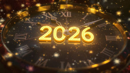 Elegant New Year 2026 scene with crystal glass numbers and subtle silver shimmer on a clean luxury...
