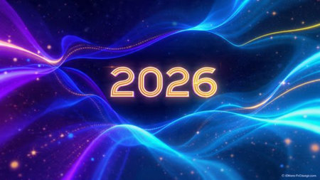 Elegant 2026 celebration backdrop with pearl-silver frost arcs and minimal noise.