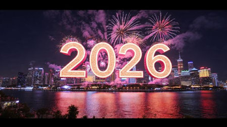 2026 premium winter canvas with smooth silver light trails and subtle sparkle noise.