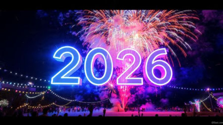 Luxury 2026 winter canvas with crystal-dust particles and clean festive space.