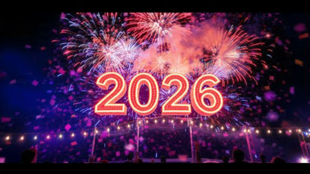 Luxury 2026 New Year scene with smooth glassy reflections and refined white balance.