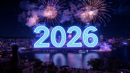 Luxury 2026 winter celebration with pearl frost bloom and minimal noise overlay.