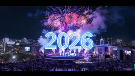 Minimal 2026 luxury greeting with silver sparkle field and refined white space composition.