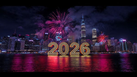Premium New Year 2026 design with soft cool glimmer and silver sparkle field balance.