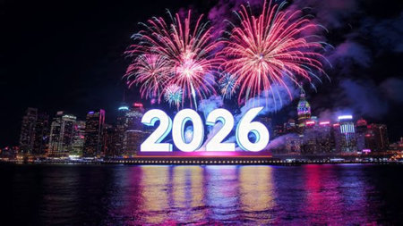Upscale 2026 winter backdrop with crystal-dust particles and premium light composition.