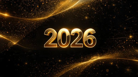 Luxury 2026 winter canvas with crystal-dust particles and clean festive space.