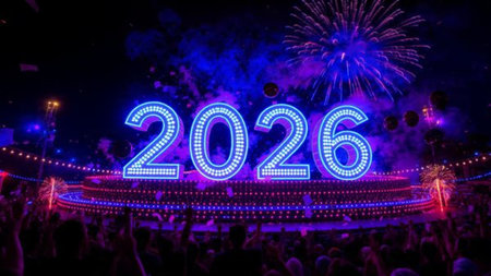 Premium 2026 celebration canvas with soft ice shimmer haze and elegant glow corners.